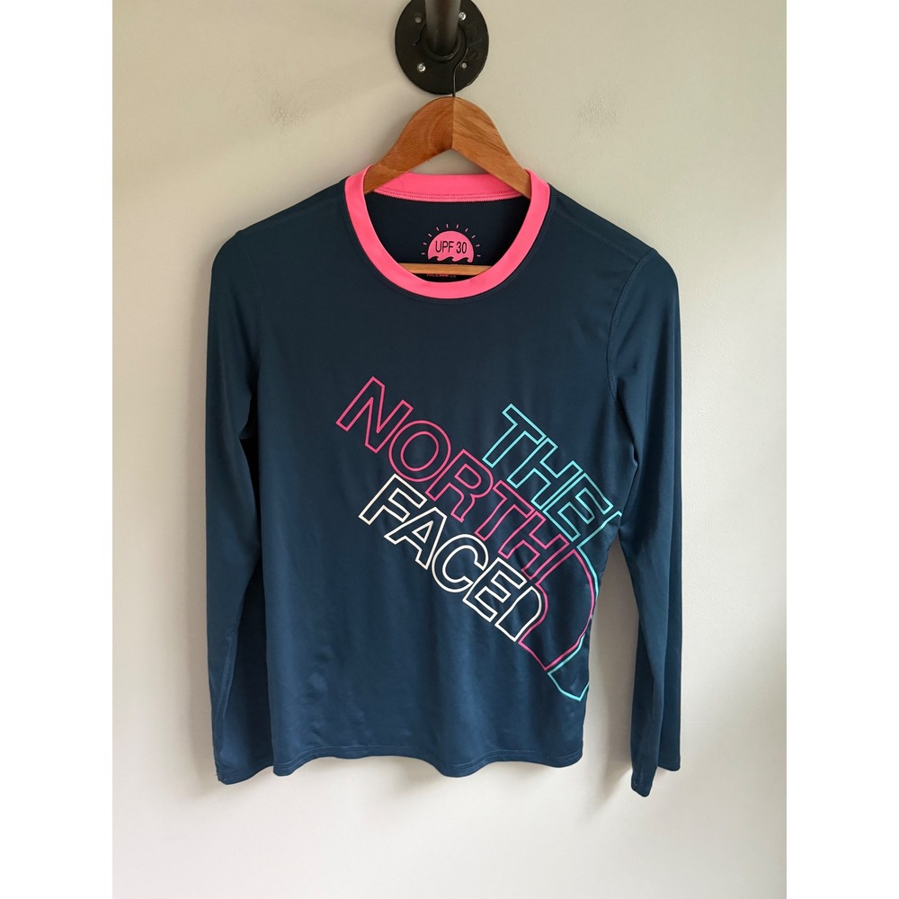 The North Face Girl FlashDry Long Sleeve Rash Blue Pink UPF 30 Size L 14/16